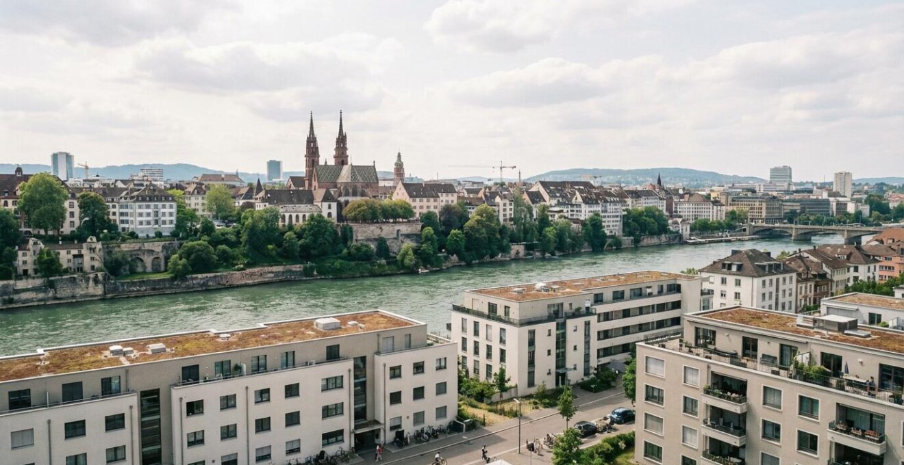 Panoramablick auf Basel mit Rhein und gemischter Wohnarchitektur zur Illustration der Immobilienpreise
